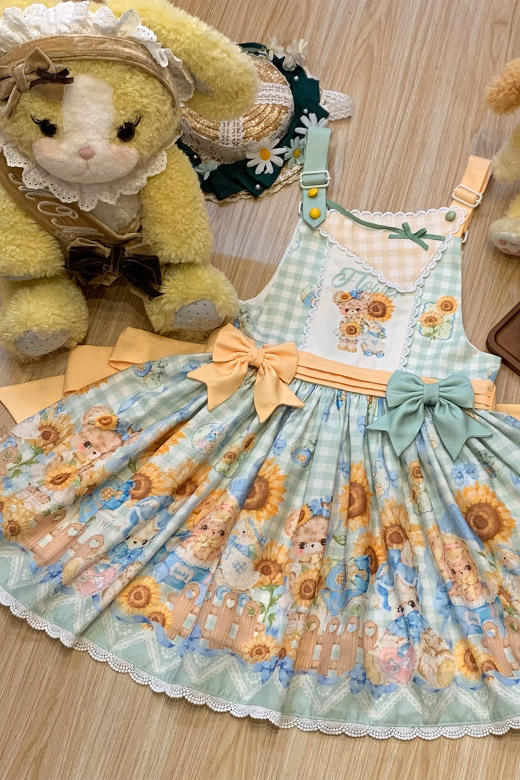 Kawaii Bears Sunflower Print Multi-Color Bowknot Sweet Lolita Strap Dress