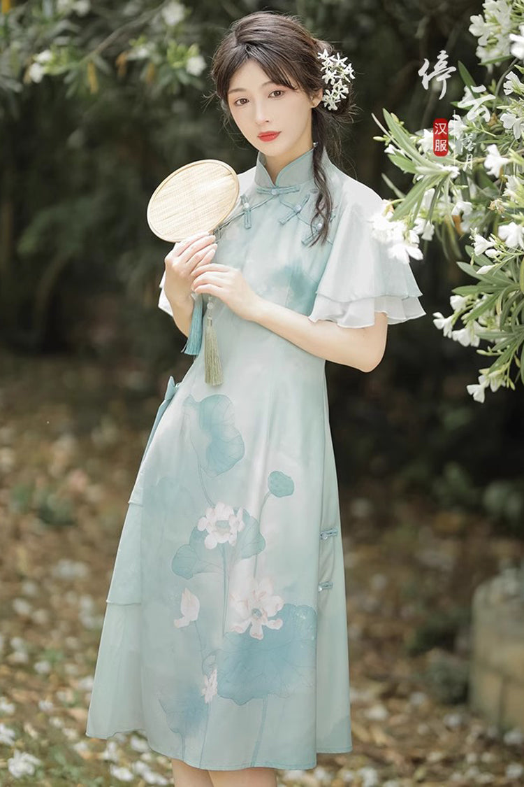 Green Ruffle Short Sleeves Lotus Print Sweet Cheongsam Hanfu Dress