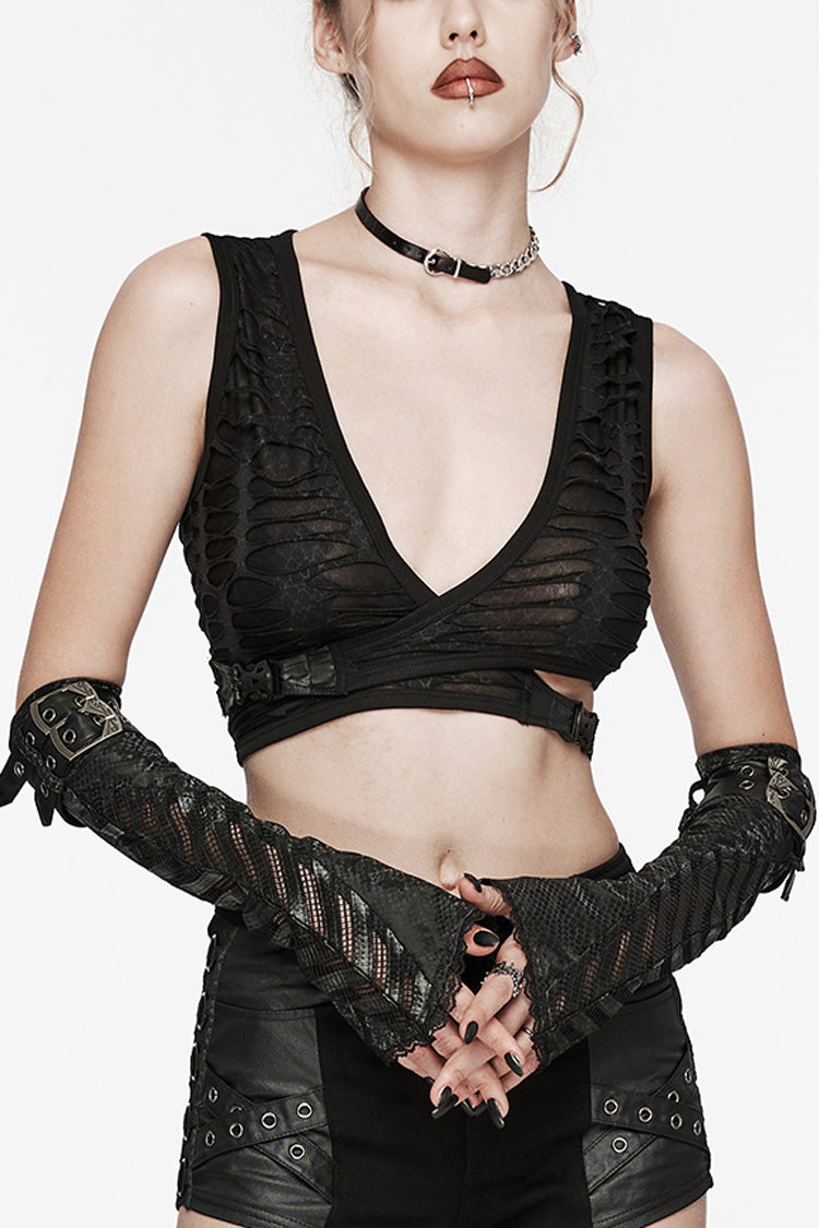 Black Leather Stitching Snake Pattern Lace Mesh Women's Steampunk Arm Sleeves