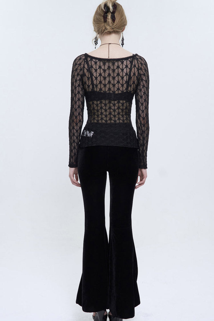 Schwarzes Spitzennetz vorne mit roten Diamanten, transparentes Langarm-Punk-Shirt für Damen