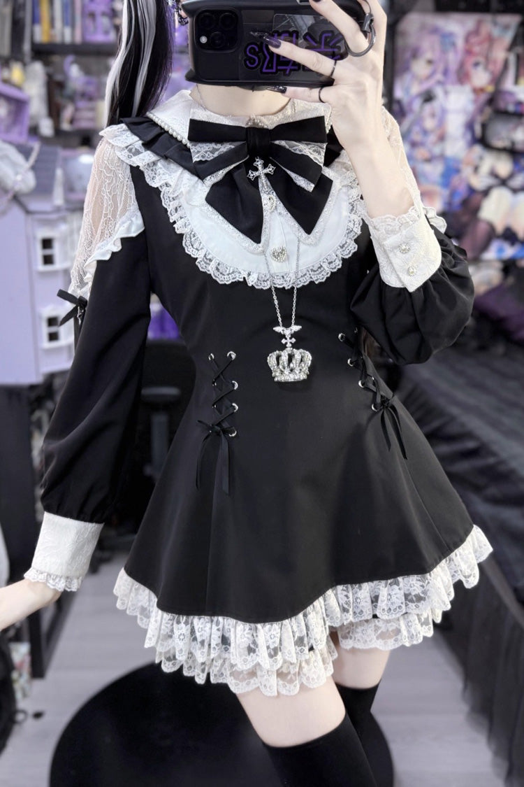 Black/White [Divine love] Long Sleeves Hollow Bowknot Lace Lace-Up Sweet Jirai Kei Dress Shorts Set