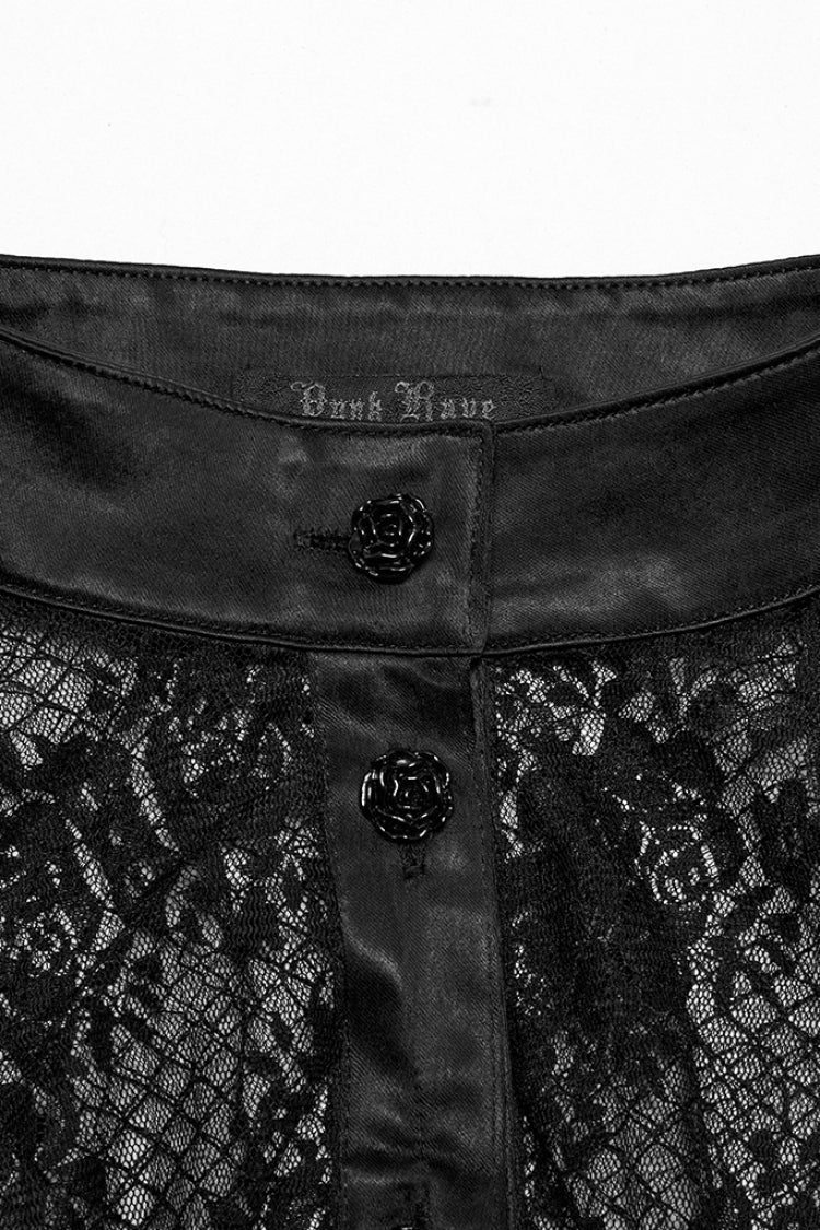 Black Stand Collar Long Puff Sleeves Hollow Embroidery Lace Women's Gothic Blouse