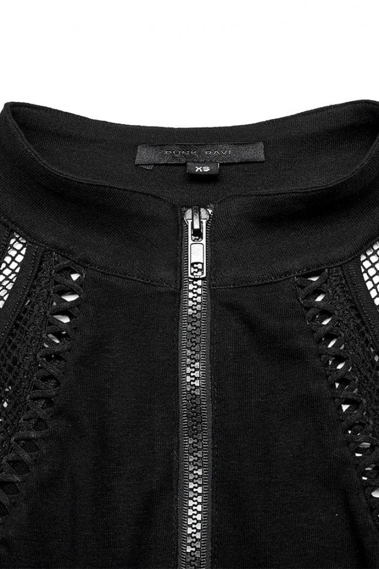 Black Off Shoulder Hollow Stitching Slim Mesh Womens Steampunk Vest