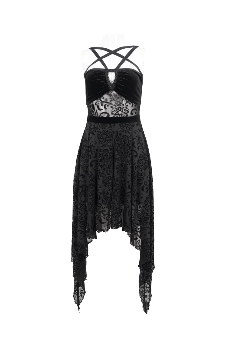 Black Stretch Pentagram Flock Print Sexy Sheer Women's Gothic Dress