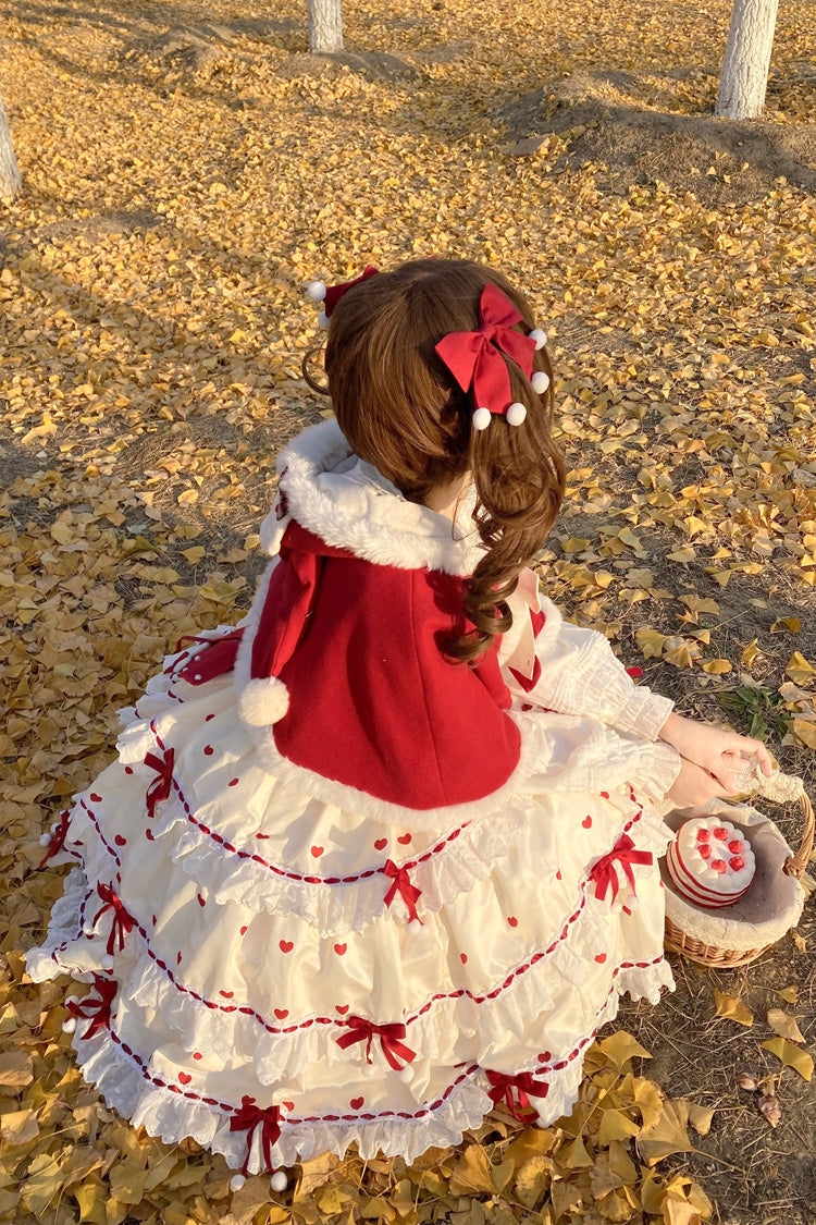 Red/Apricot Triple-Layered Print Ruffle Bowknot Lace Sweet Princess Lolita Dress Cloak Set