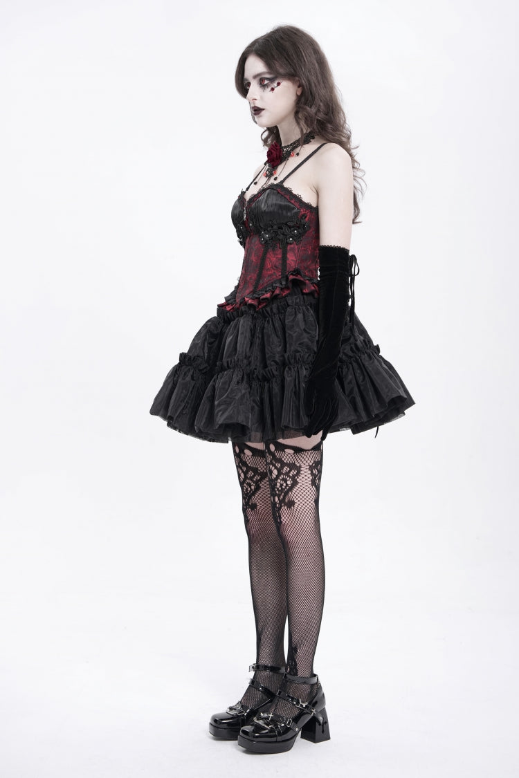 Rotes ärmelloses Rüschenstickerei-Schnürung Damen Gothic Tank Top 