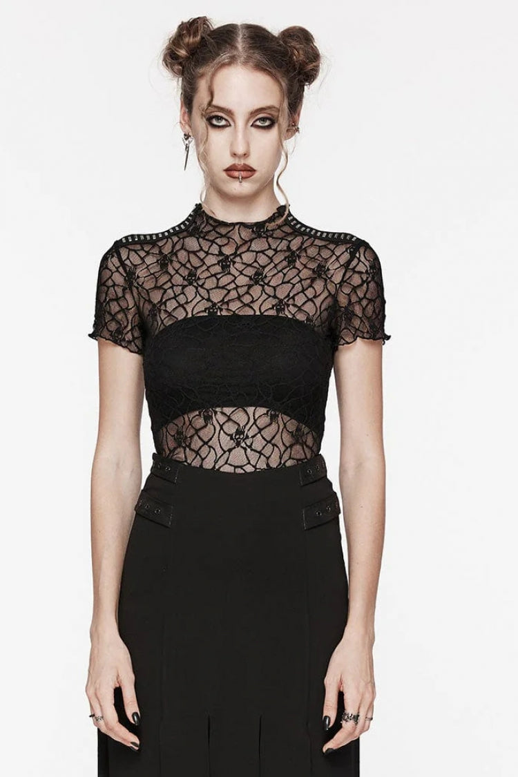 Black Round Collar Short Sleeves Hollow Mesh Women's Gothic Top