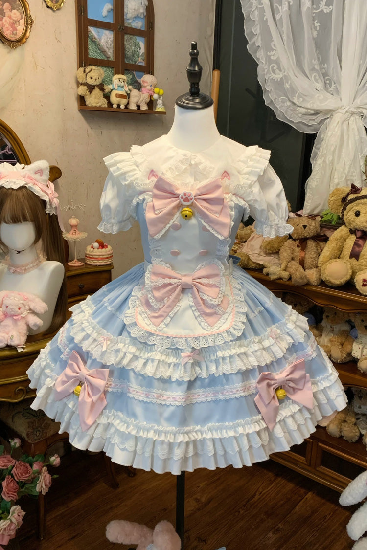 Blue [Meowling Sweet Maid] Sleeveless Multi-Layered Ruffle Bowknot Lace Sweet Princess Lolita Jsk Dress