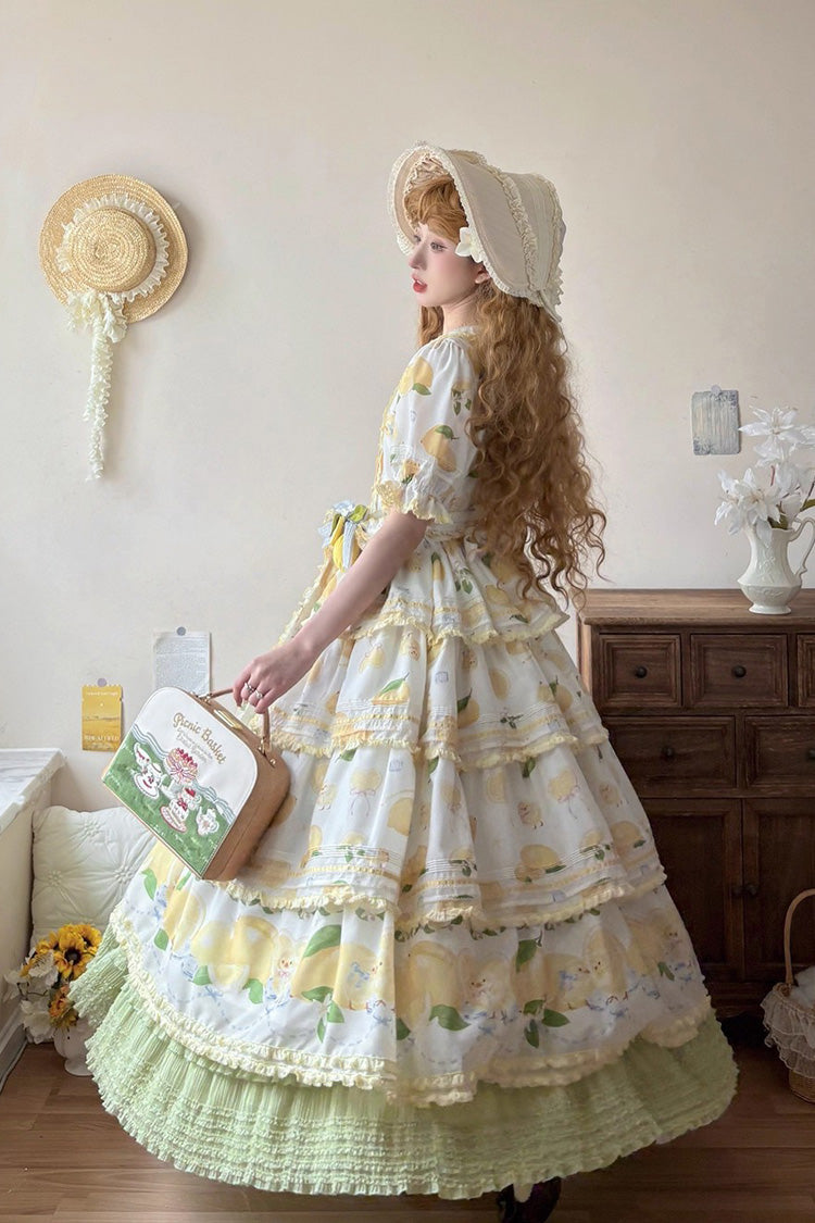 White [Lemon Chicken] Short Sleeves Triple-Layered Print Ruffle Bowknot Lace Sweet Gorgeous Lolita Dress