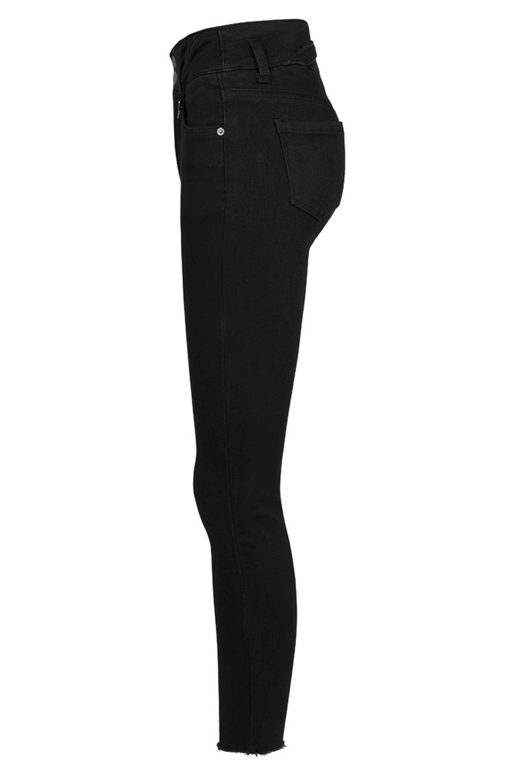 Schwarze dreieckige dekorative Metallplatte auf der Rückseite, gekreuzte Träger, eng anliegende Punk-Jeanshose für Damen