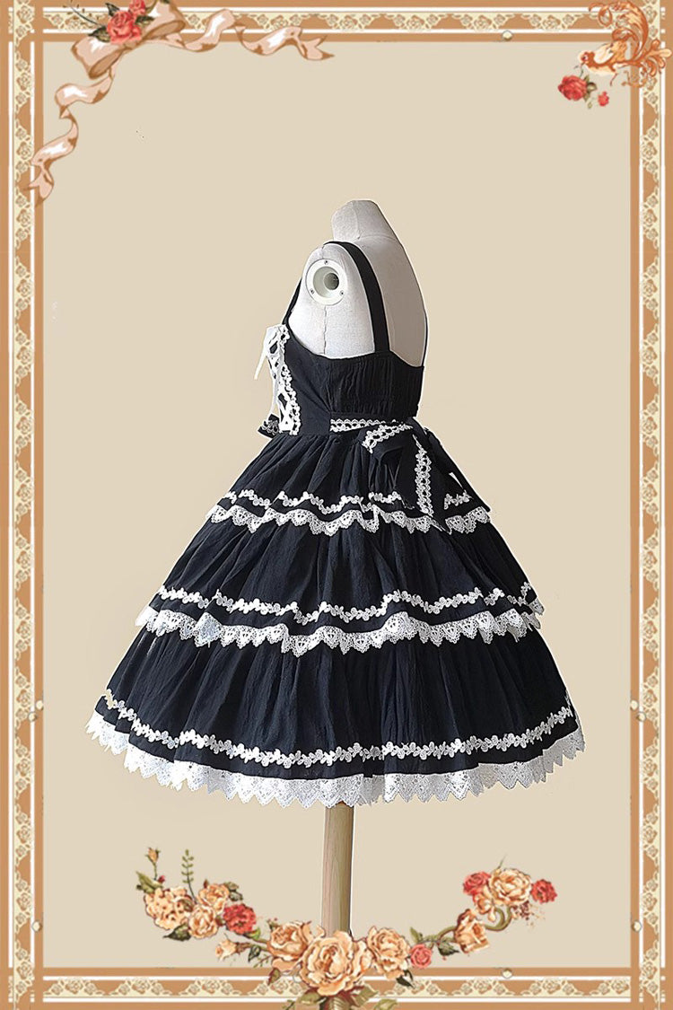 Black/White Three-section Cake Sleeveless Ribbon Sweet Lolita Tiered Dress