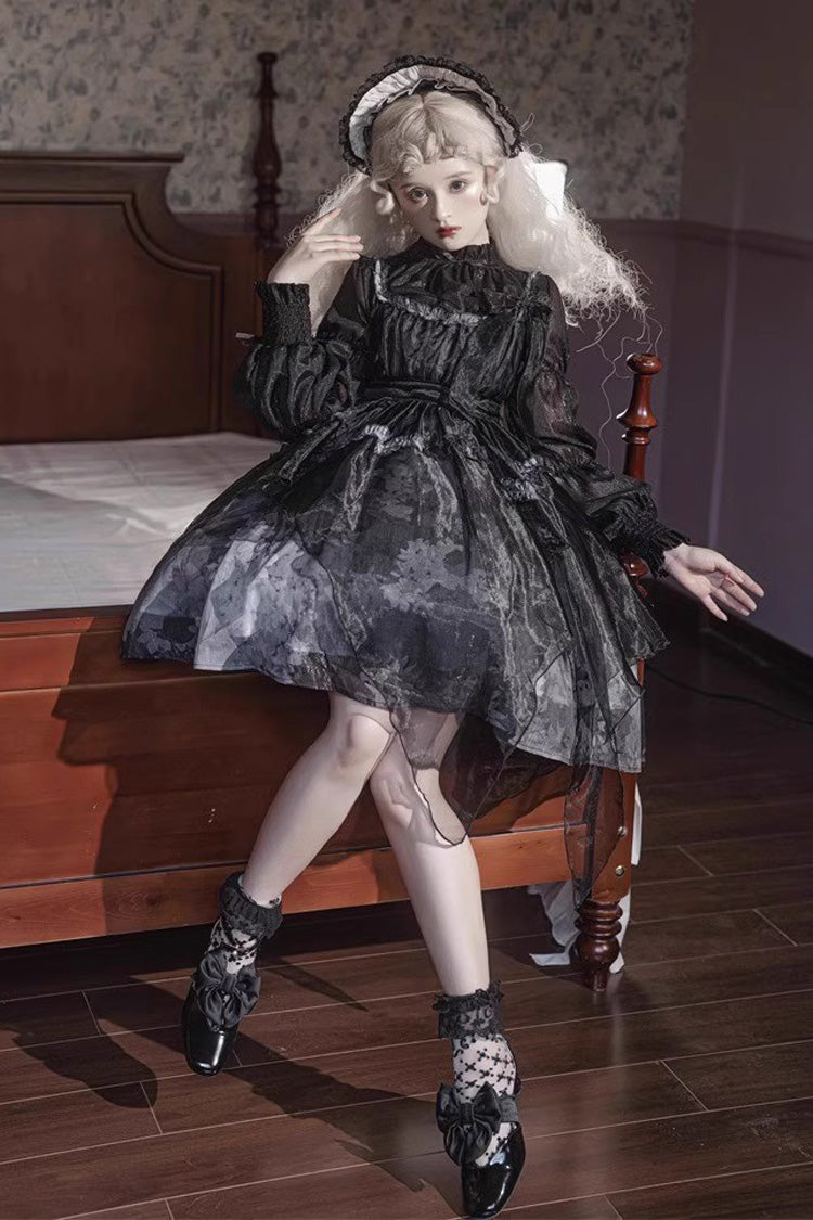 Black Stand Collar High Waisted Dead Leaves Print Tulle Gothic Princess Lolita Jsk Dress
