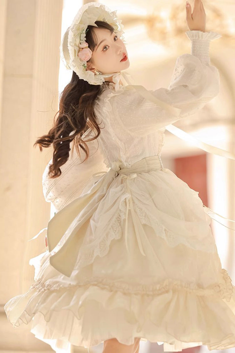 Ivory Stand Collar Long Sleeves Print Ruffle Sweet Princess Lolita Dress