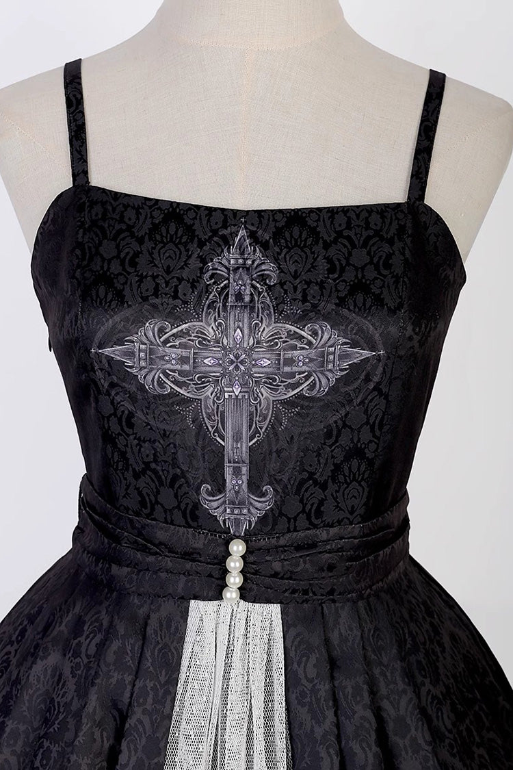 Schwarzes ärmelloses Gothic Vintage Lolita Jsk Kleid mit Spitze und Print