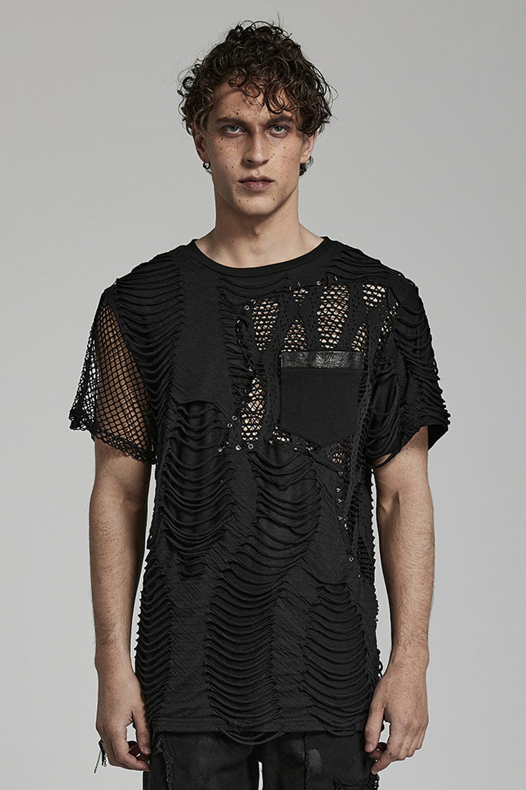 Black Short Sleeves Stitching Mesh Ripped Men's Punk T-Shirt