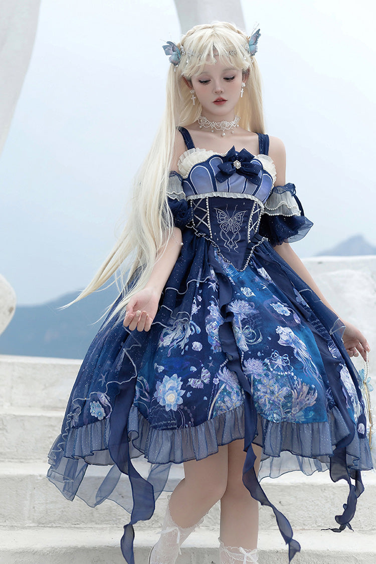 Blaues [Tiefseequallen] Print Rüschenspitze Süßes Elegantes Lolita Jsk Kleid
