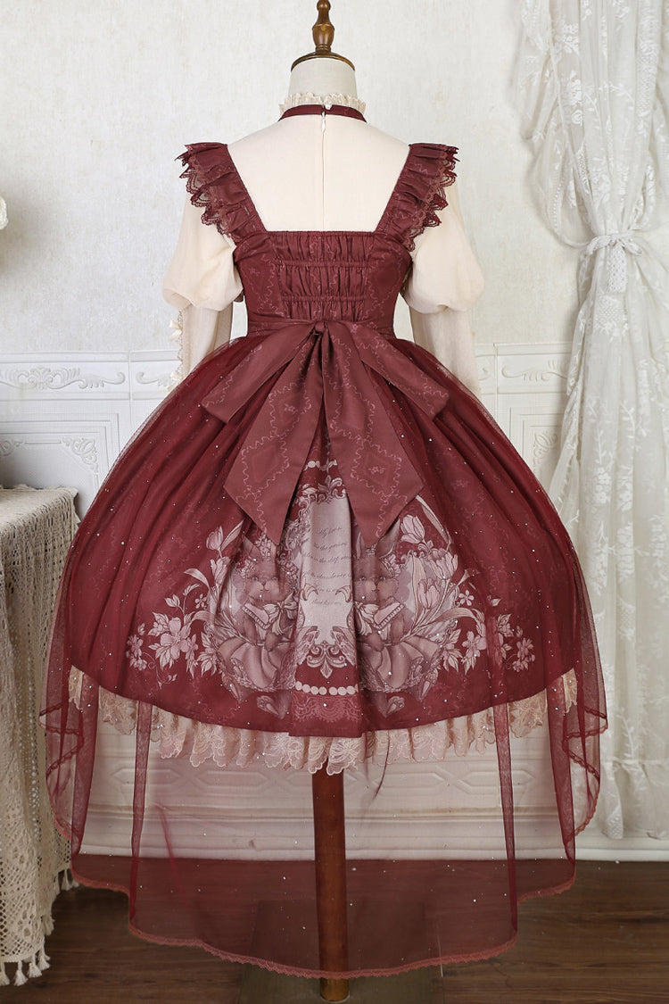 Red Bunny Tea Party Print Ruffle Bowknot Sweet Lolita Jsk Dress