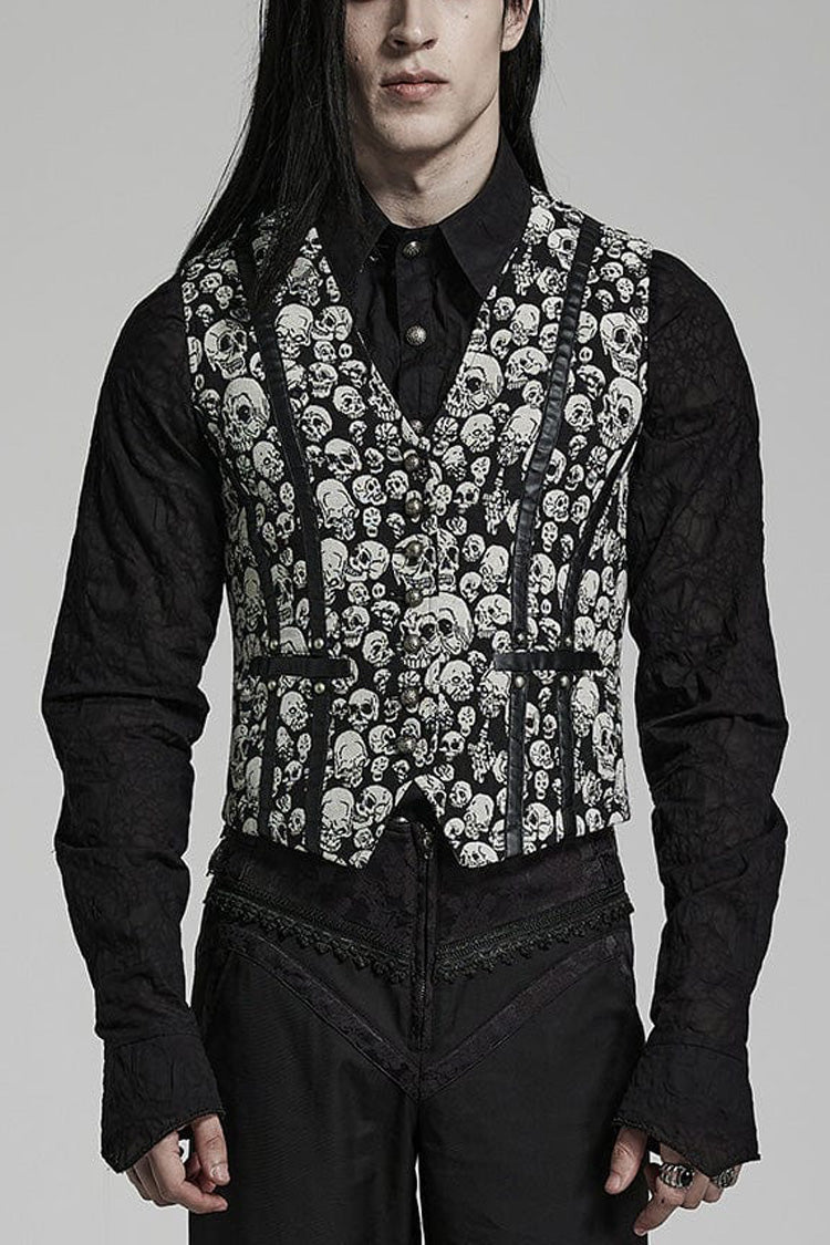 White/Black Contrast Sleeveless Skulls Print Jacquard Hollow Mens Gothic Vest