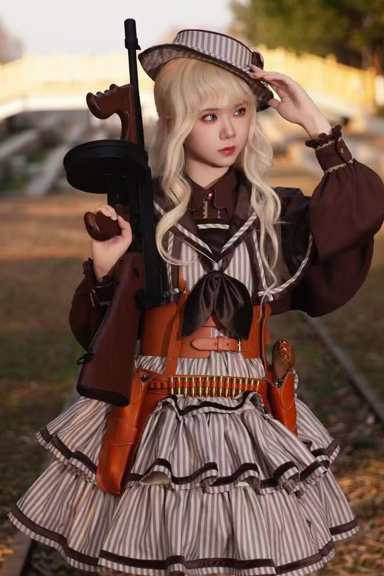 [From Afar] Sleeveless Triple-Layered Stripe Print Bowknot Sweet College Style Lolita Dress 2 Colors