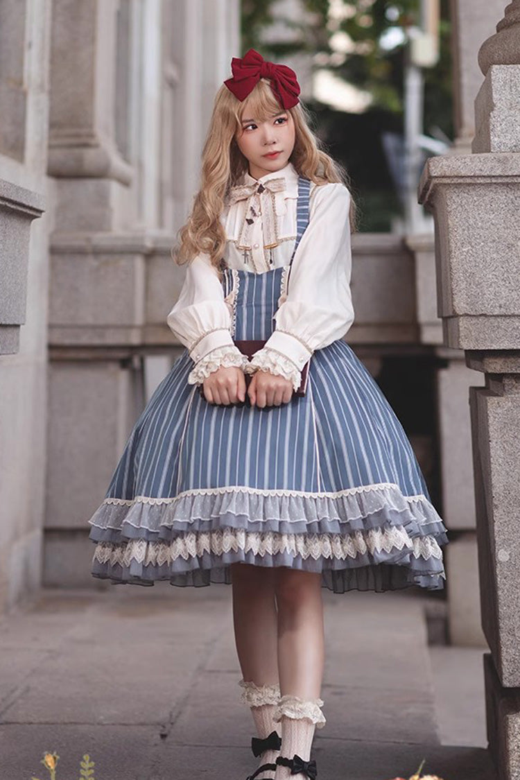 Blue Multi-layer Stripe Print Ruffle Sweet Lolita Jsk Dress