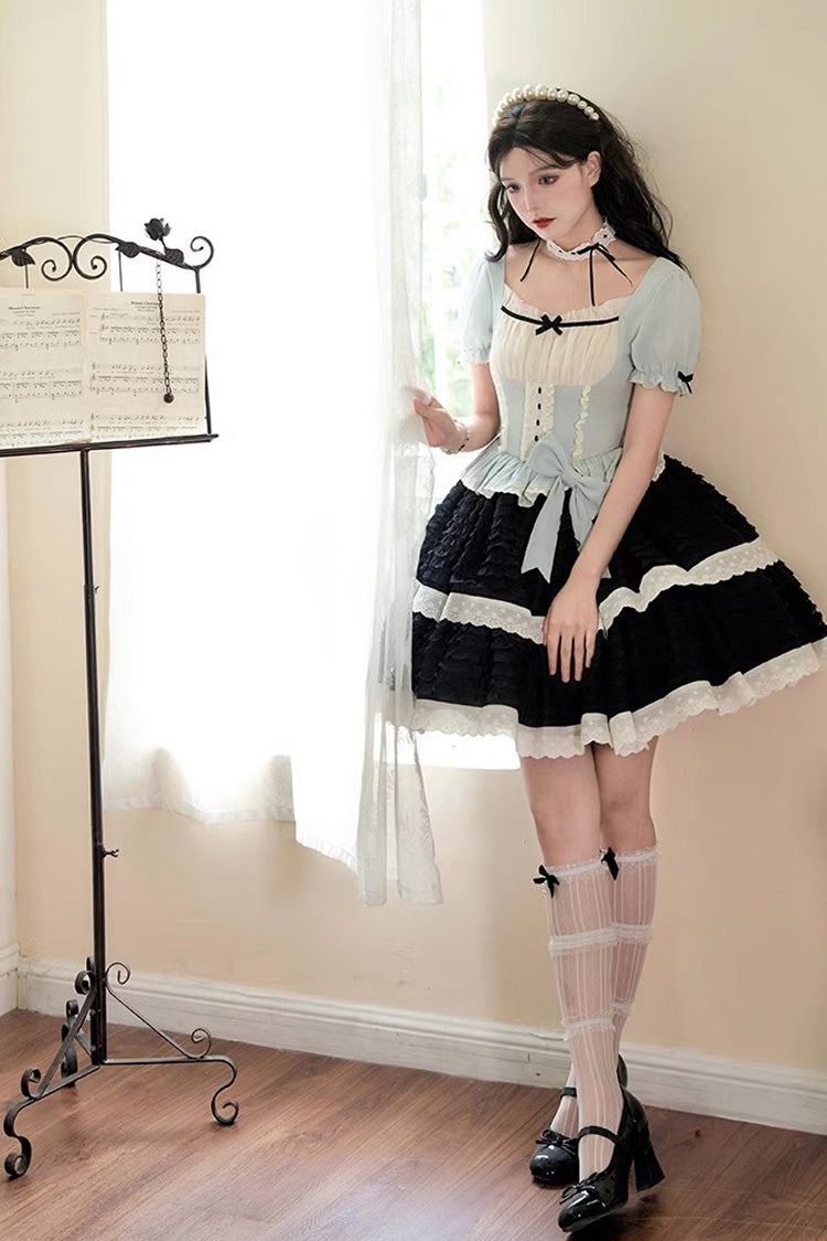 Black/Blue Mint Dark Chocolate Fake Two-piece Square Collar Ruffle Bowknot Sweet Lolita Dress