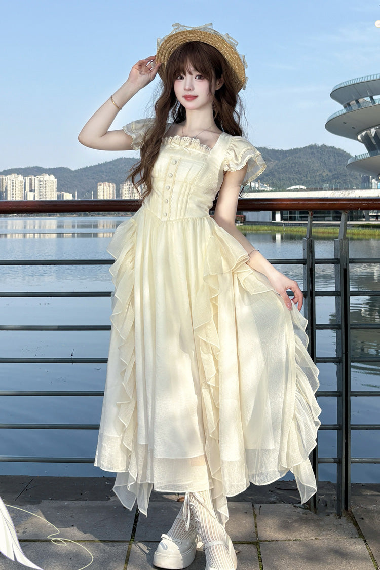 Aprikose [Moonlight Beach] Quadratischer Kragen Kurze Ärmel Rüschen Süßes Lolita-Kleid 