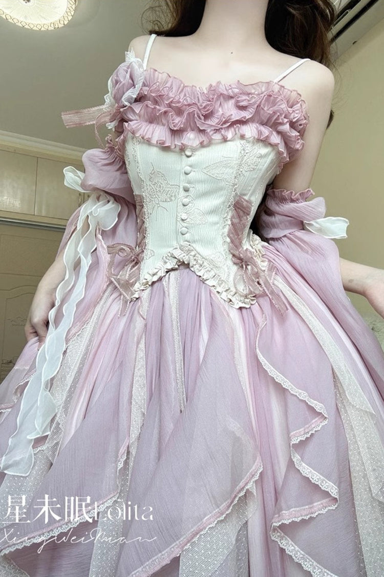 [Praise of the Flower Goddess] Off Shoulder Ruffle Hanayome Bowknot Lace Fishbone Sweet Lolita Jsk Dress 2 Colors