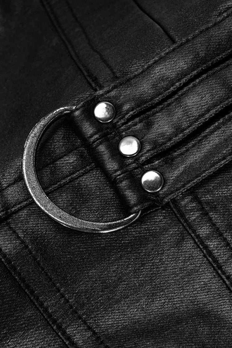 Black Faux Leather Metal Buckle Side Zipper Men's Steampunk Pants