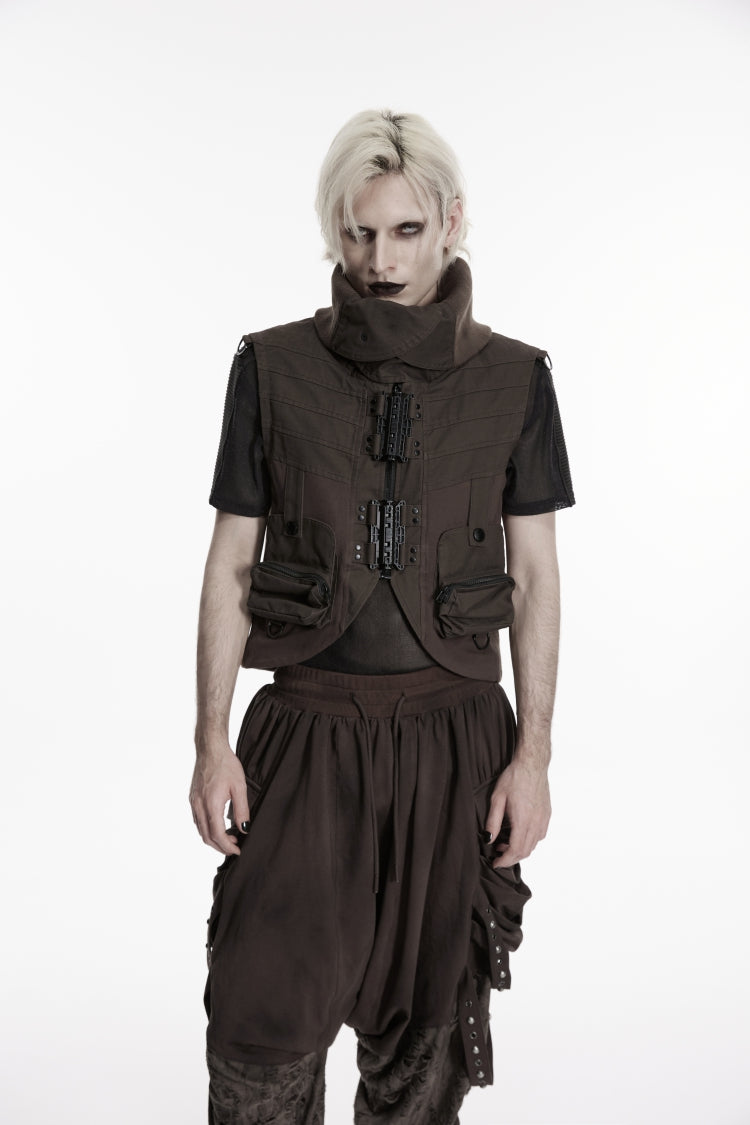 Schwarze Herren-Weste mit Stehkragen, ärmellos, Punk-Patchtaschen, umwandelbarer Kragen