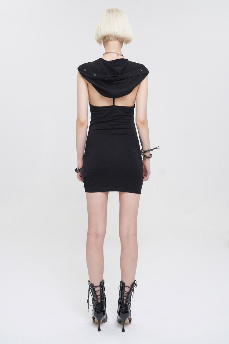 Black Cross Straps Backless Hooded Sleeveless Hip Wrap Women's Punk Dress