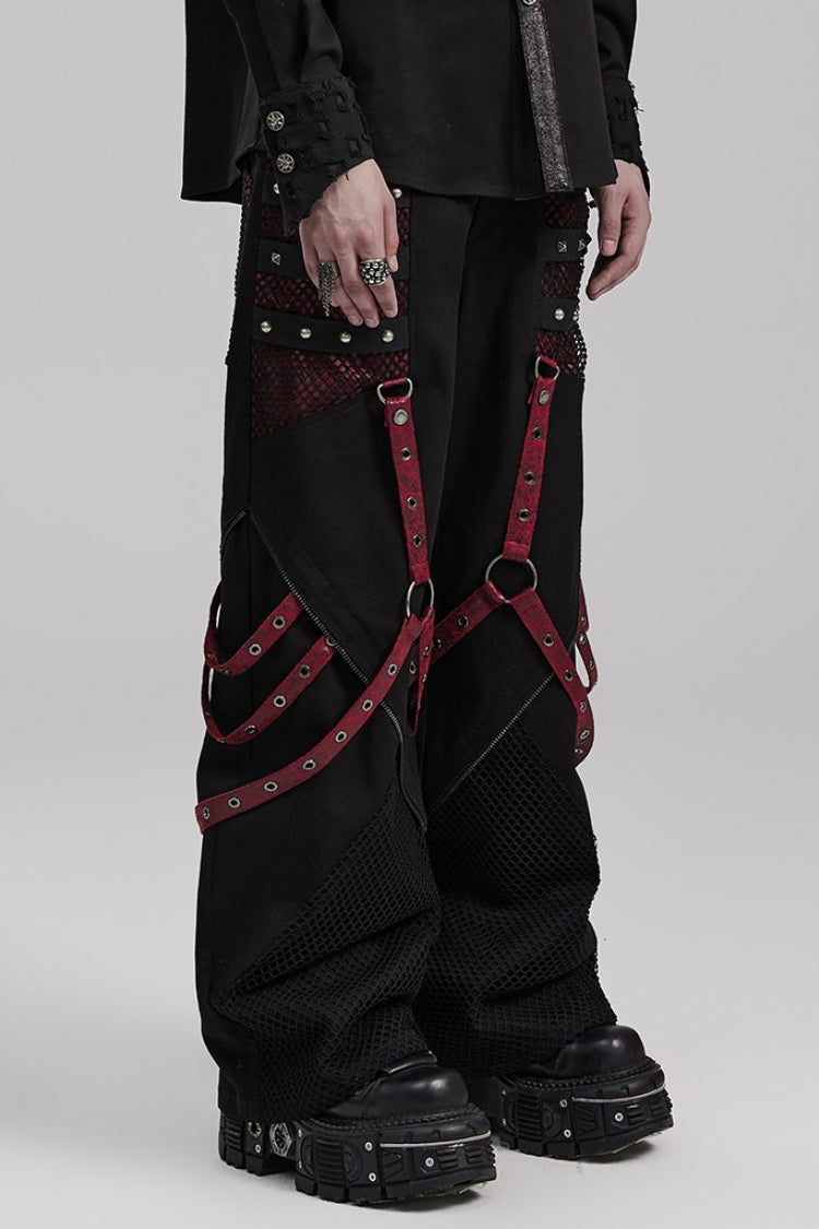 Cracked Leather Stitching Metal Rivet Decoration Mesh Men's Steampunk Pants 2 Colors