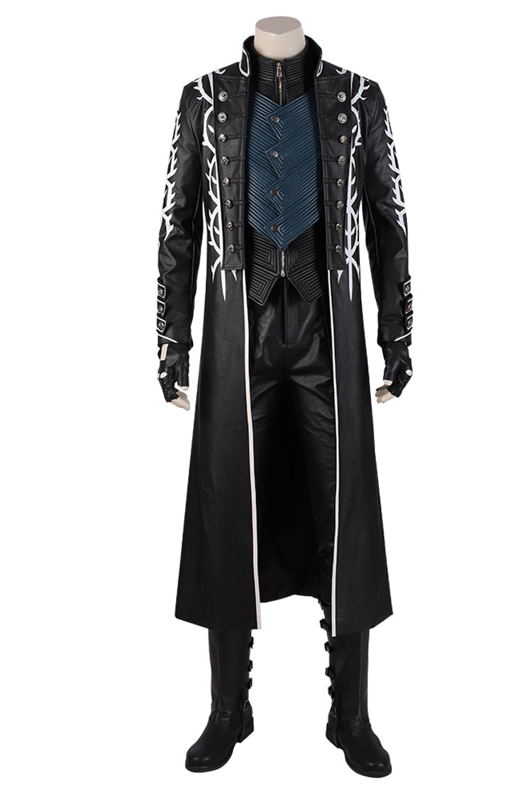 Devil May Cry 5 Vergil Black Long Windbreaker Suit Halloween Cosplay Costume Set Without Shoes