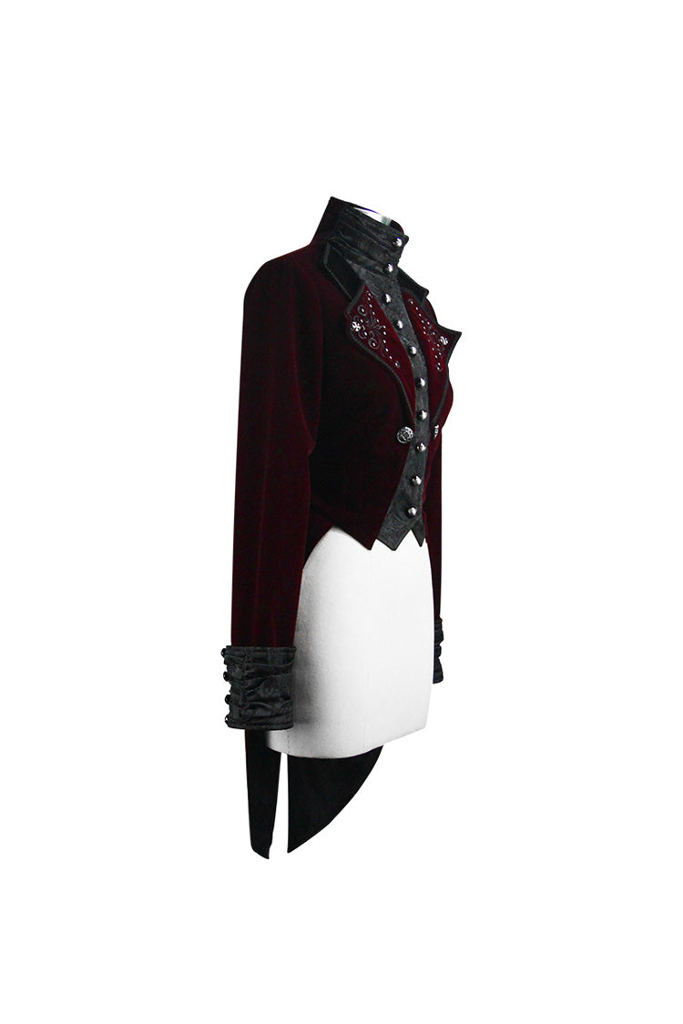 Red/Black Jacquard Lapel Embroidered Metal Nail Velveteen Swallowtail Women's Gothic Coat