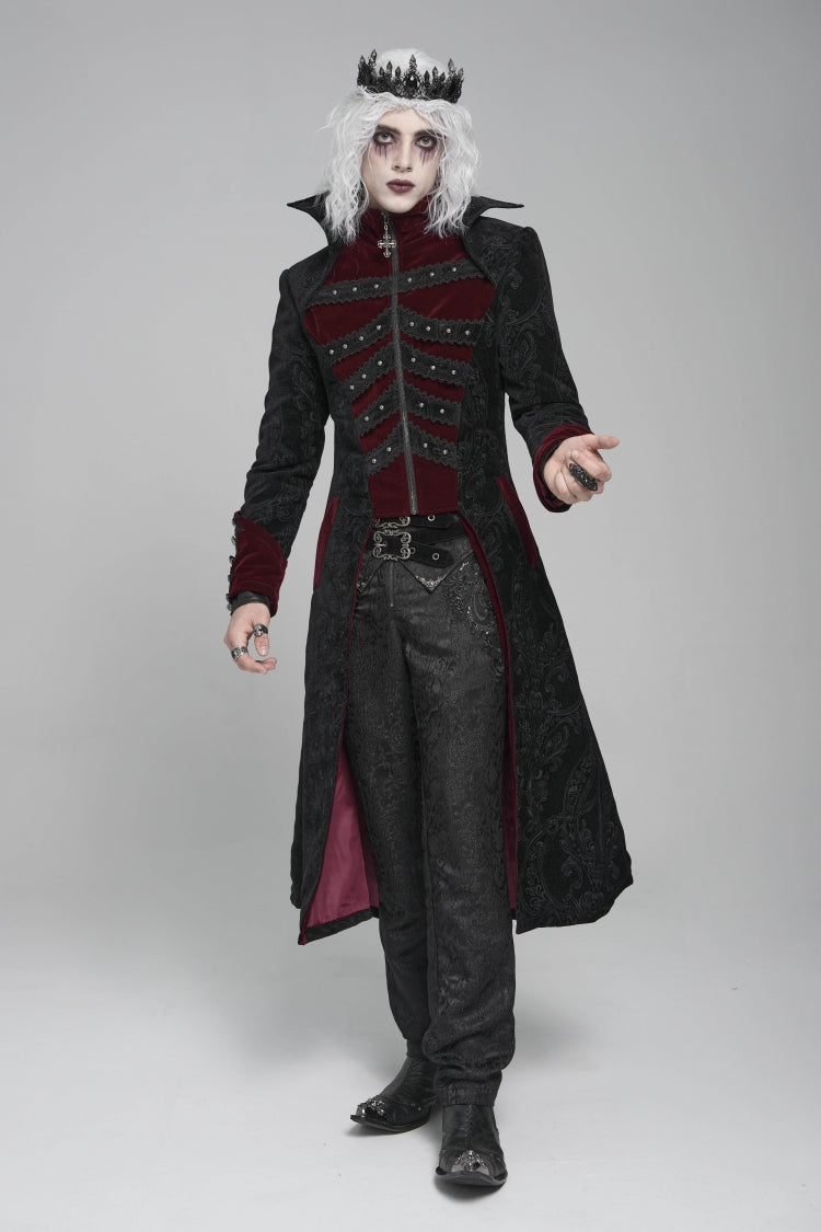 Schwarz/Roter Stehkragen mit Stehkragen und langen Ärmeln, bedruckter langer Gothic-Mantel mit Reißverschluss für Herren in Schwarz/Rot