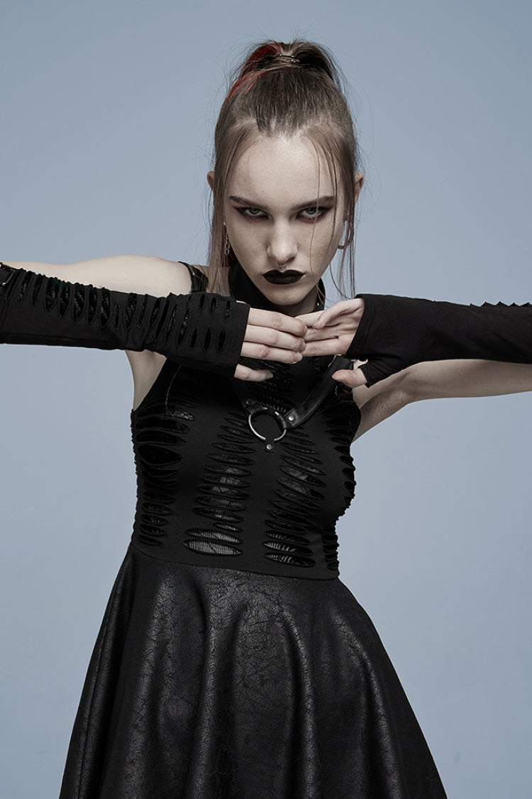 Black Ripped Color-Blocked Pleated Women's Gothic Long Gloves