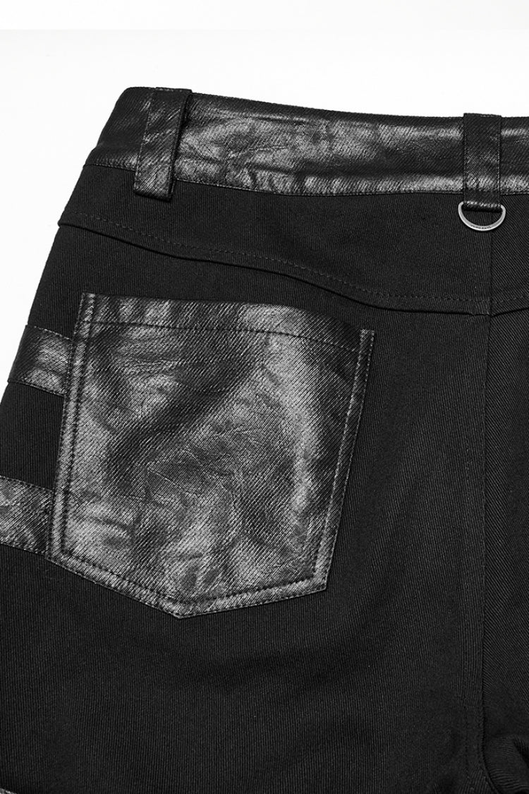 Black Stitching Mesh Buckle Straps Studded Men's Punk Pants