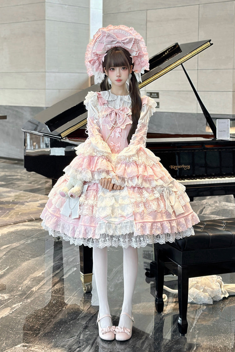 [Sakura Love] Multi-Layered Jacquard Ruffle Embroidery Cardigan Bowknot Lace Sweet Gorgeous Lolita Jsk Dress 2 Colors