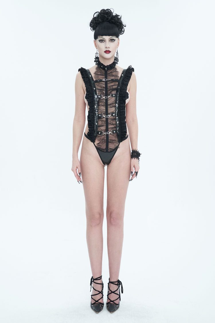Black Stretch Patent Leather Cutout Lace Ruffle Button Women's Gothic Bodysuit