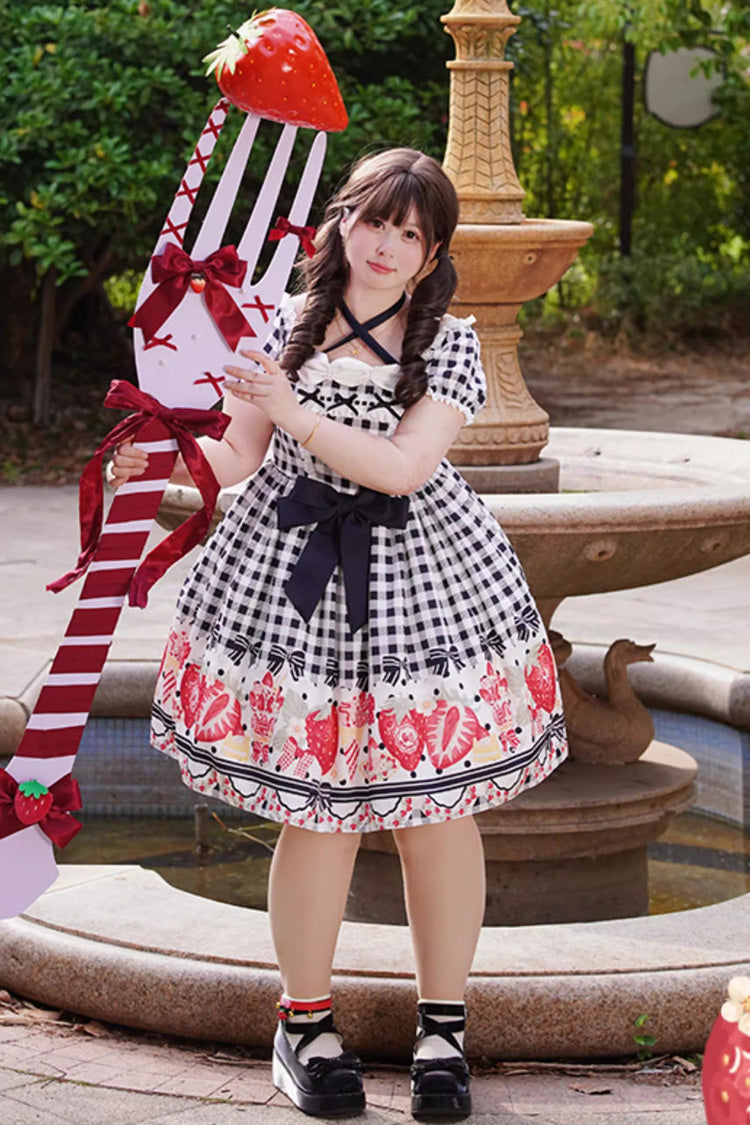 Black Short Sleeves Strawberry Plaid Print Bowknot Sweet Plus Size Princess Lolita Dress