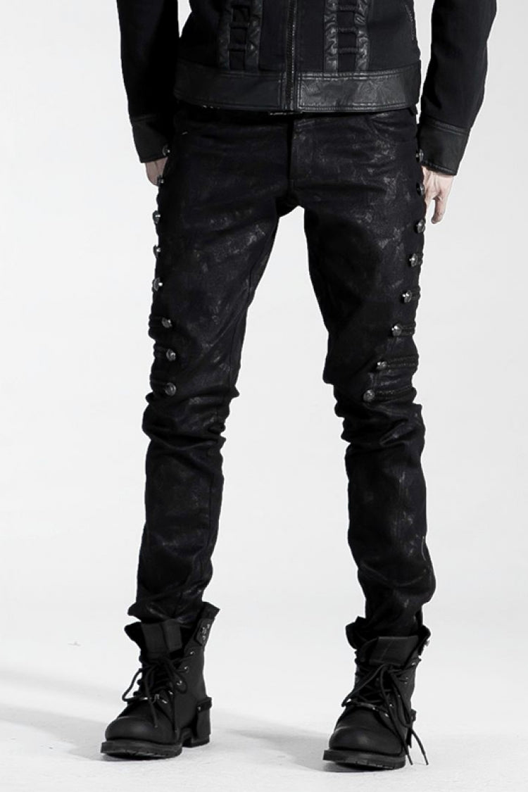 Schwarze Slim-Fit-Jacquard-Punk-Cool-Hose mit Nieten und Ösen für Herren