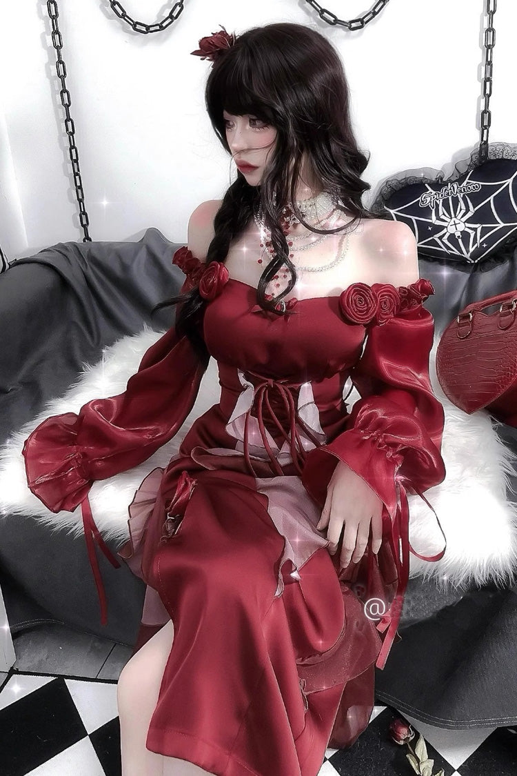 Red Rose Long Sleeves Bowknot Classic Elegant Lolita Strapless Dress