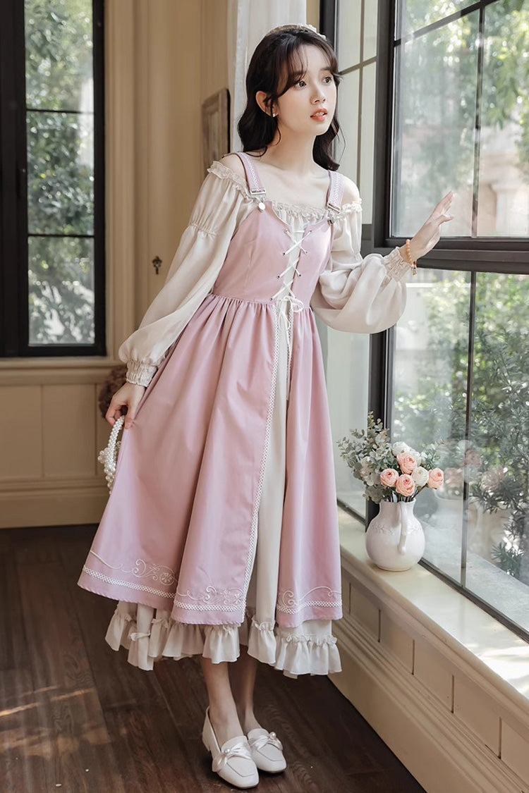 Pink Long Sleeves Ruffle Sweet Elegant Princess Lolita Dress Two Piece Set