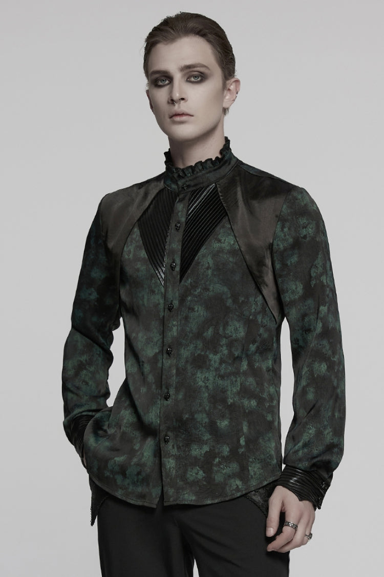 Schwarz/Grün Stehkragen Langarm Rüschen Plissierte Herren Gothic Bluse 