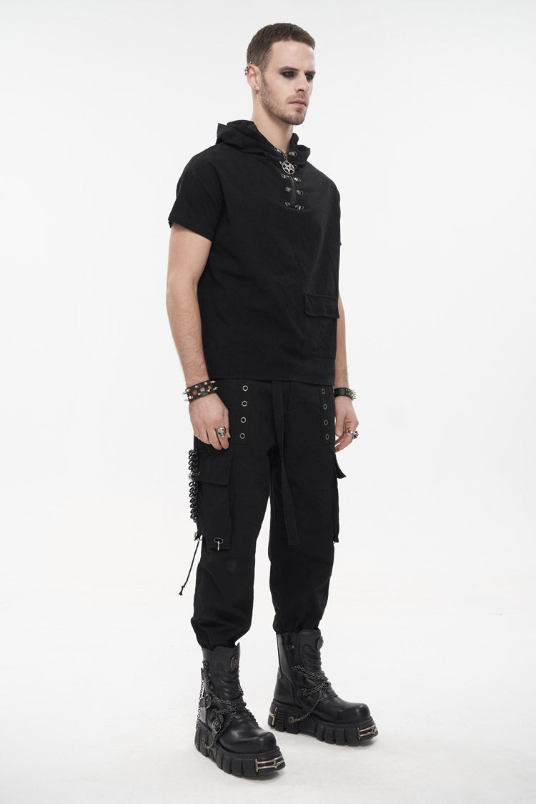 Black Hooded Mesh Splice Zipper Back Openwork Lace-Up Casual Short Sleeve Men's Punk T-Shirt