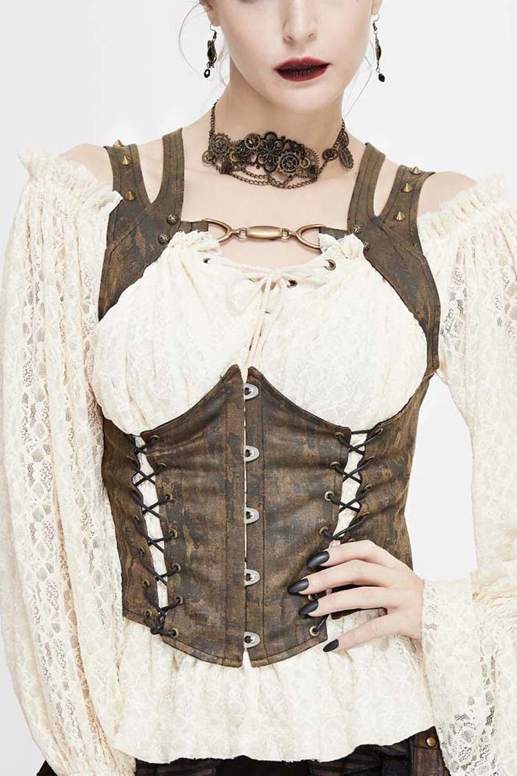 Brown Lace Up Chest Hollow Steel Buckle Rivet Strap Women's Punk Waistcoat