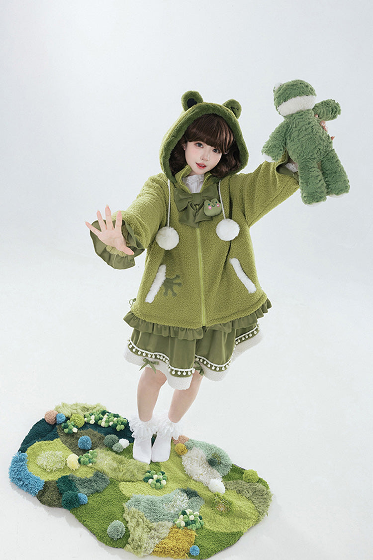 Green [Frog] Long Sleeves Bowknot Hooded Sweet Lolita Coat