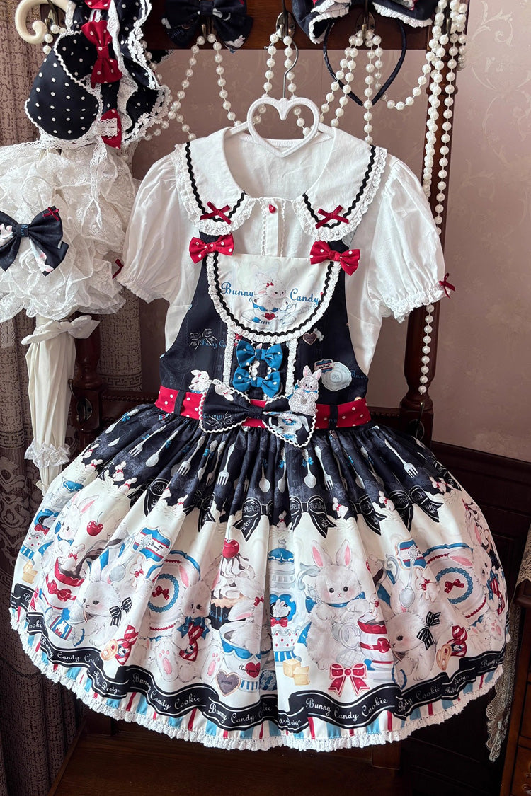 Black [Mystery Rabbit Tea Party] Sleeveless Print Bowknot Lace Sweet Lolita Strap Dress