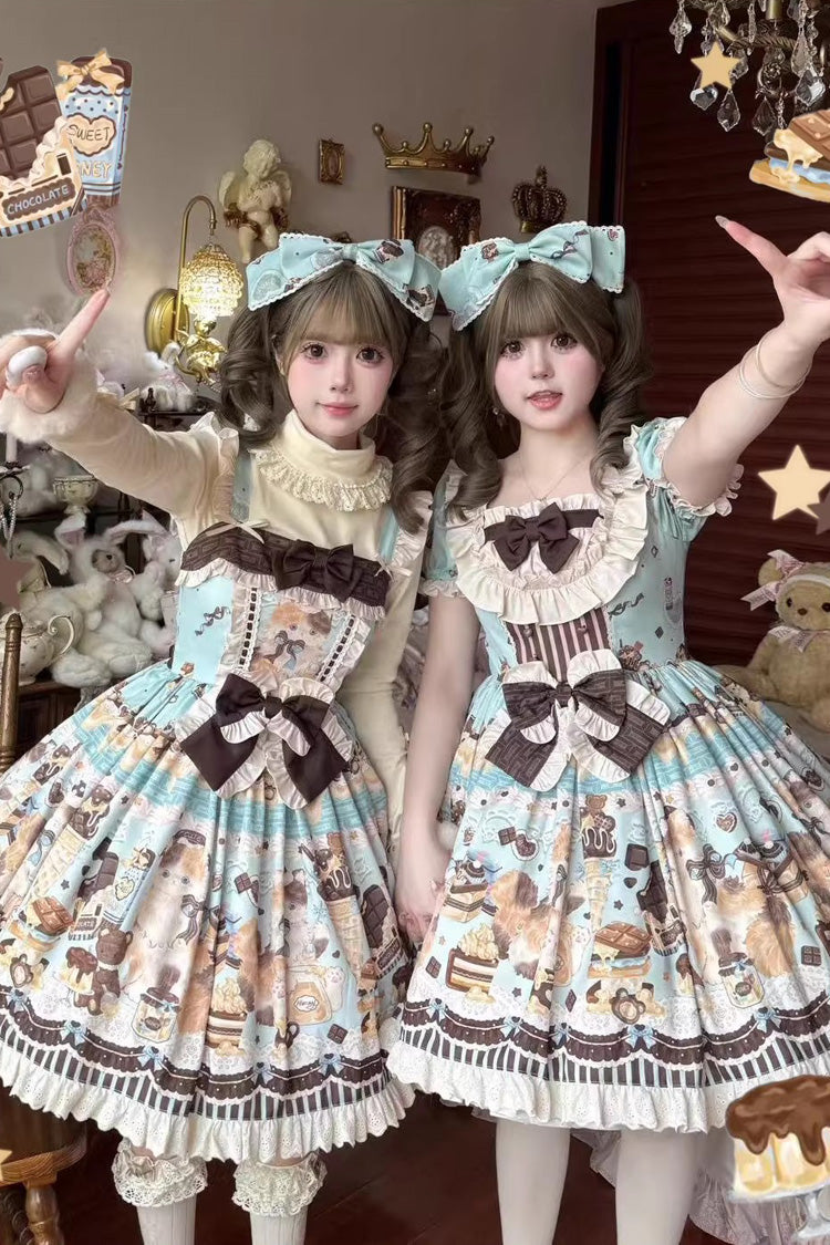 [Chocolate Cake Party] Square Collar Sleeveless Printed Ruffled Bow Daily Sweet Lolita Jsk Dress 2 Colors