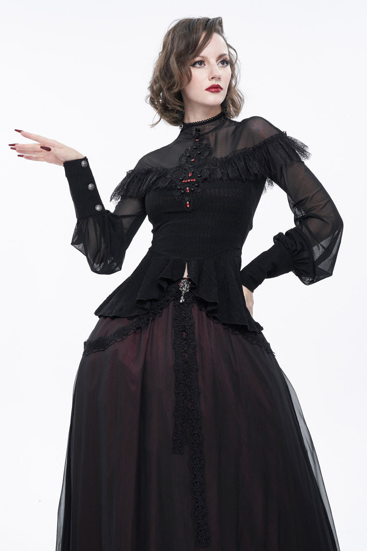 Schwarzes, sexy Rollkragen-Spitzen-Panel aus Netzstoff mit Laternenärmeln im Retro-Look für Damen im Gothic-Stil