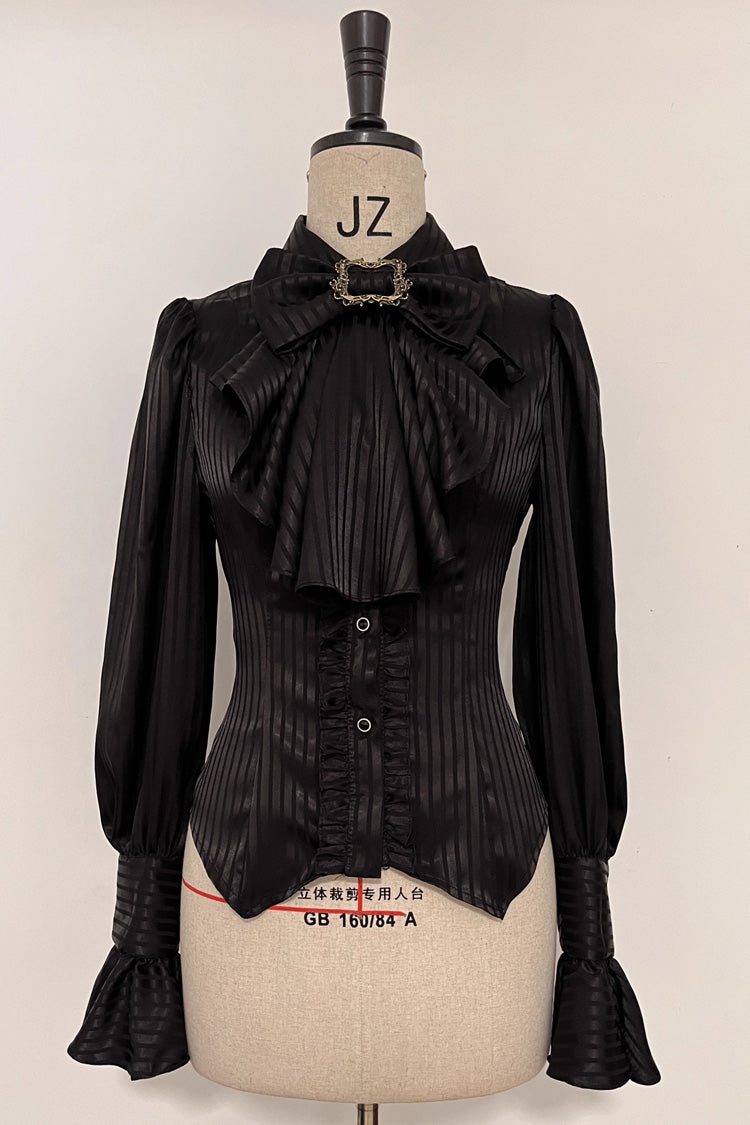 Moonstone Lapel Collar Long Sleeves Vertical Striped Print Ruffle Ouji Gothic Prince Lolita Blouse 3 Colors